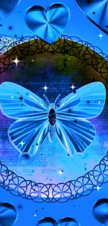 Blue butterfly and hearts wallpaper with cosmic elements.