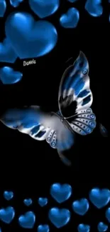 Blue butterfly and hearts mobile wallpaper design.