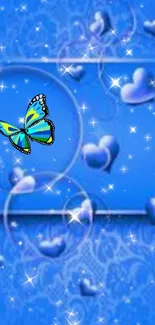 Blue butterfly and hearts wallpaper with sparkle effects.