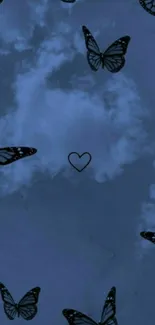 Blue butterflies and heart design on mobile sky wallpaper.