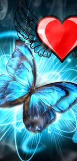 Blue butterfly and heart with wings create a vibrant, glowing phone wallpaper.