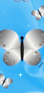 Silver butterflies on a blue background with heart motifs