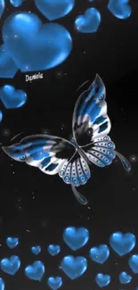 Blue hearts and butterfly on black background mobile wallpaper.