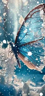 Blue butterfly with frosted wings in a snowy forest scene.