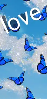 Blue butterflies with love text on sky background wallpaper.