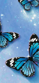 Beautiful blue butterflies on a sparkling, serene background for mobile wallpaper.