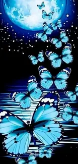 Blue butterflies under moonlight reflecting on water, serene mobile wallpaper.