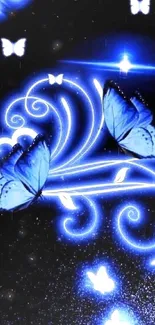 Electric blue neon butterflies on dark background.