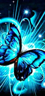 Neon blue butterfly with glowing light effect.