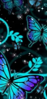 Blue butterflies glowing on a dark, starry background for mobile wallpaper.