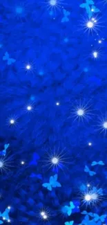 Mobile wallpaper with blue butterflies and sparkling stars.