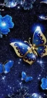 Blue butterfly on starry night sky with glowing stars and flowers.