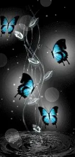 Blue butterflies glowing in the dark night, surrounded by leaves.