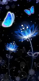 Glowing blue butterflies and flowers on a dark starry background.