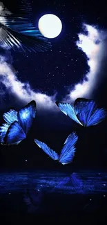 Blue butterflies flutter under a moonlit night sky.