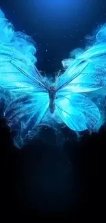 Glowing blue butterfly on a dark background.