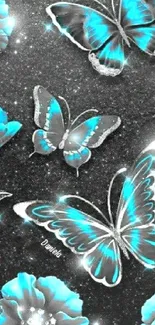 Blue butterflies on a black glitter background mobile wallpaper.