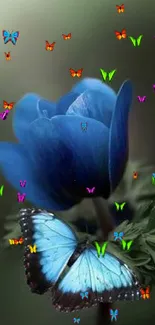 Blue butterfly rests on a vibrant blue flower, creating a serene mobile wallpaper scene.