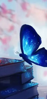 Luminous blue butterfly perched on book stack with soft, dreamy background.