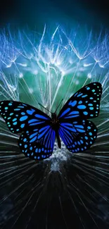 Blue butterfly resting on dandelion flower in a digital wallpaper.