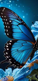 Blue butterfly resting on vibrant flowers.