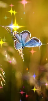 Blue butterfly resting on golden grass in serene nature scene.