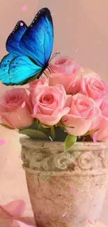 Blue butterfly resting on pink roses in a decorative pot.