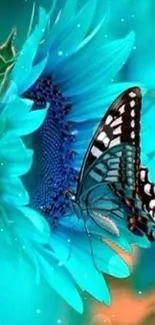 Blue butterfly on a sunflower with vibrant turquoise hues.