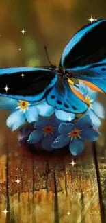 Blue butterfly perched on flowers with a wooden backdrop.