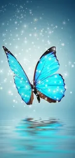 Blue butterfly glows with sparkling stars above a tranquil water reflection.