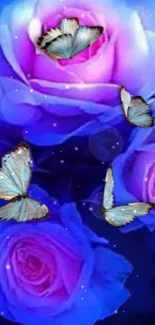 Blue roses and butterflies create a fantasy wallpaper.