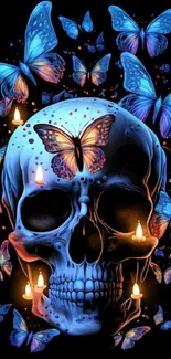 Mobile wallpaper with blue skull and butterflies glowing with candlelight.