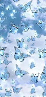 Blue butterflies gracefully flying in a cloudy sky wallpaper.