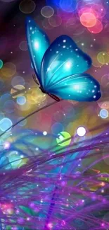 Vibrant blue butterfly with glowing bokeh background.