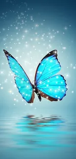 Vibrant blue butterfly with sparkles over a serene water background.