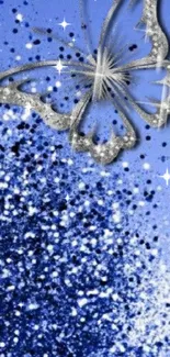 Blue butterfly sparkle wallpaper with silver glitter design.