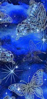 Blue butterflies with stars on a vibrant, starry night background.