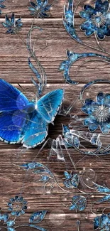 Blue butterfly and floral design on rustic wooden background.