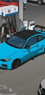 Illustration of a sleek blue car at a gas station.