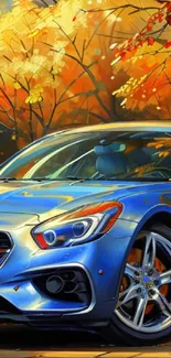 Blue car amidst vibrant autumn leaves with colorful foliage.