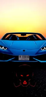 Blue sports car at sunset mobile wallpaper.