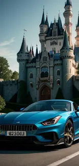 Blue luxury car in front of a castle under clear skies.