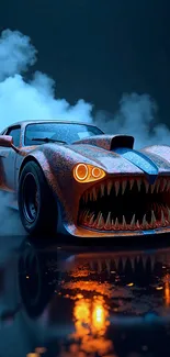 Blue Car With Teeth And Orange Details Live Wallpaper