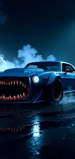 Blue Car With Teeth On The Road Live Wallpaper