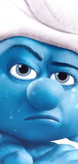 Bright blue cartoon character with expressive features.