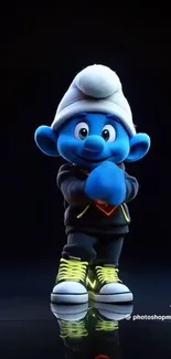 A blue cartoon character in a black hoodie with neon shoes stands confidently.