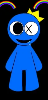 Blue cartoon character with crown on a dark background and rainbows.