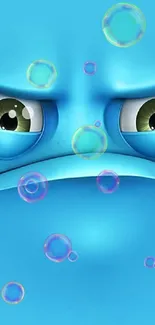 Playful blue cartoon character with green eyes wallpaper for phones.