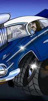 Vibrant blue cartoon muscle car illustration for mobile wallpaper.