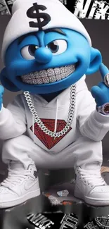 Blue cartoon character in rapper attire with white hoodie and bling.